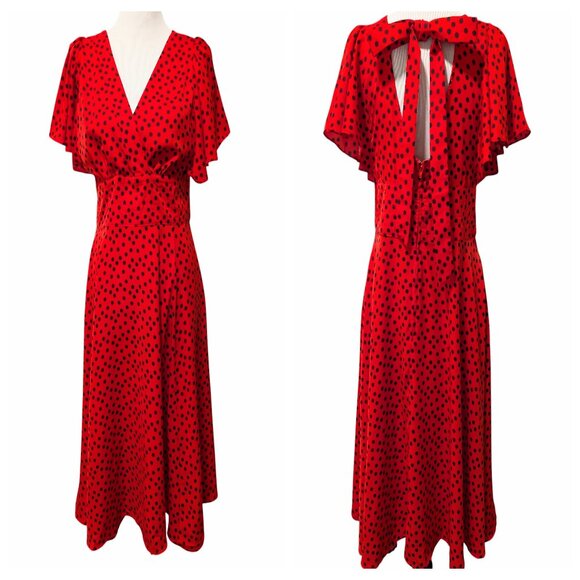 Unique Vintage Womens Size L/10-12 Red Black Polka Dot Bow Tie Midi Swing Dress - Picture 1 of 11
